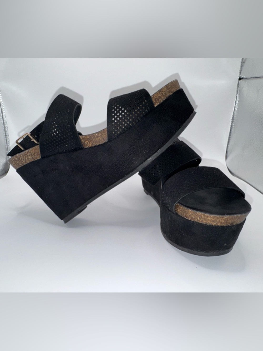 Refresh Black Platform Wedge Sandals Size 7 Ankle Strap Cork Sole Casual Chic